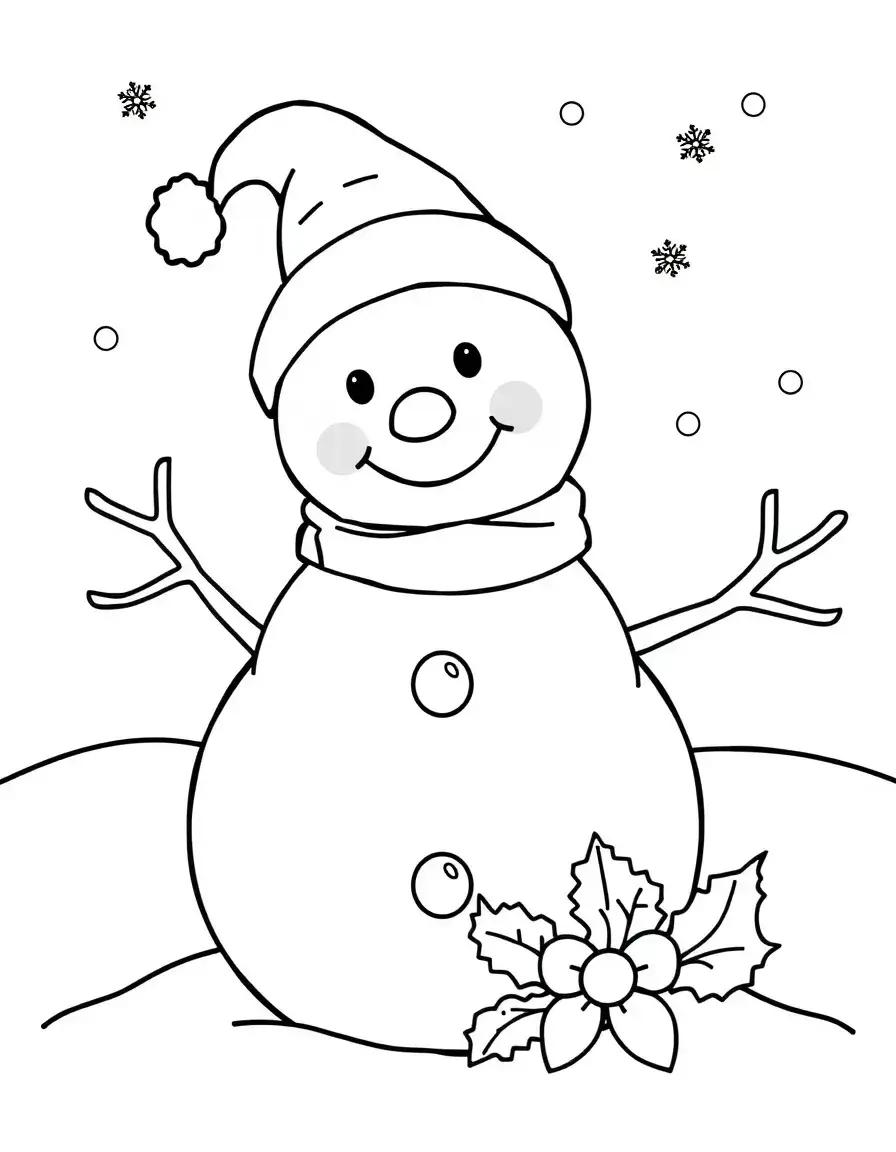 The snowman smiles in this Christmas-themed coloring page