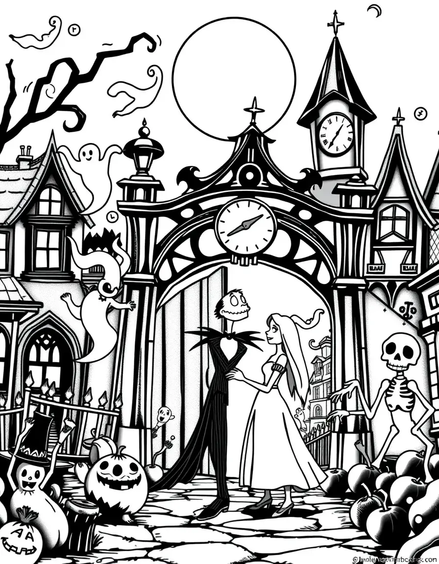 Jack Skellington and Sally at Halloween Town’s gate, with ghosts, skeletons, and a spooky clock tower.