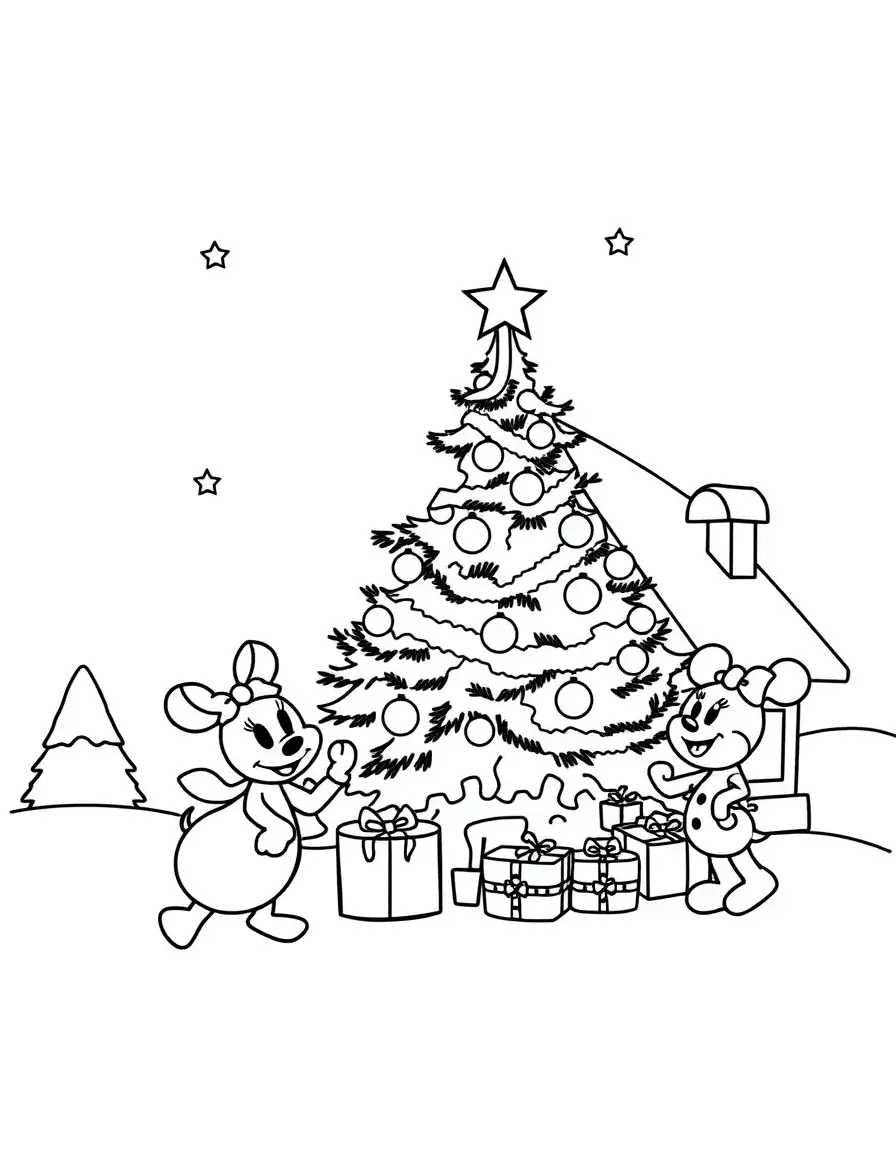 Two Disney characters decorating the Christmas tree