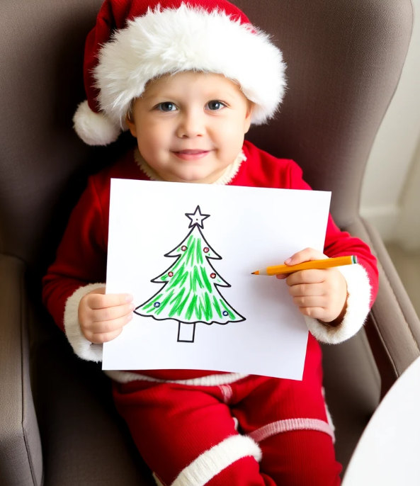 A child dressed as Santa Claus filling in the Christmas tree coloring page