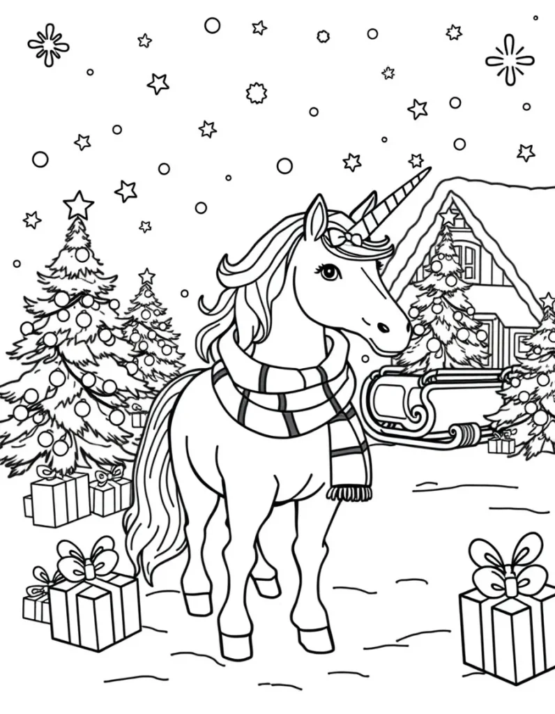 Christmas Unicorn Coloring Pages