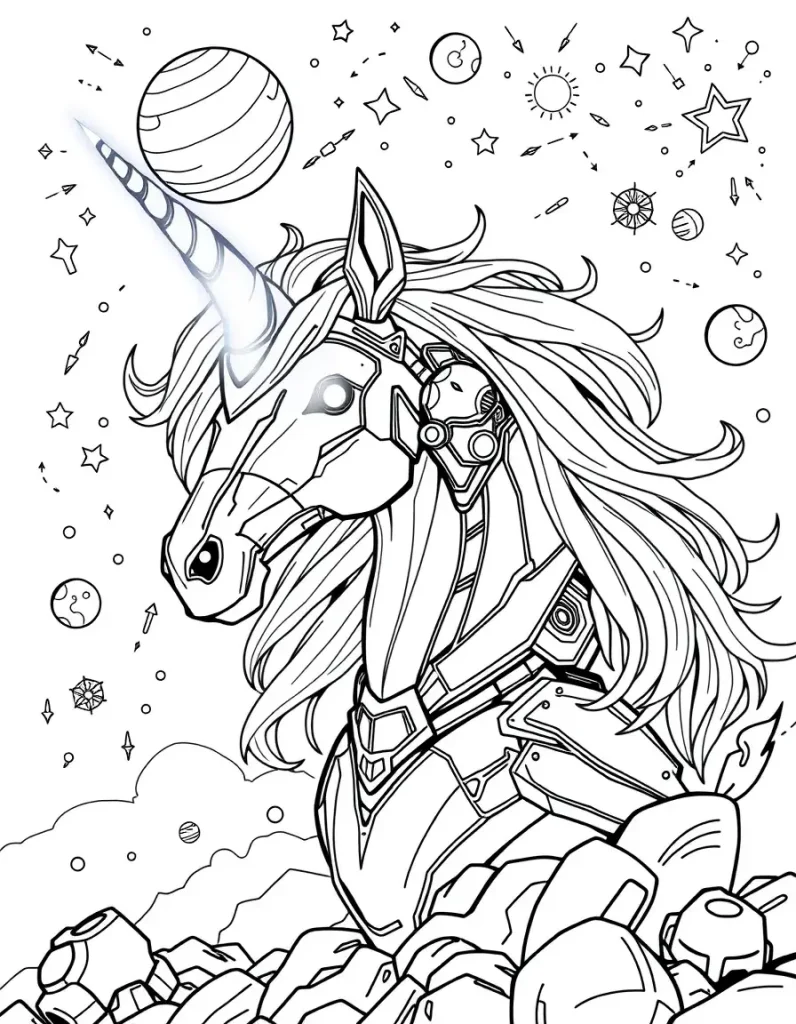 Sci-fi Style Unicorn Coloring Page