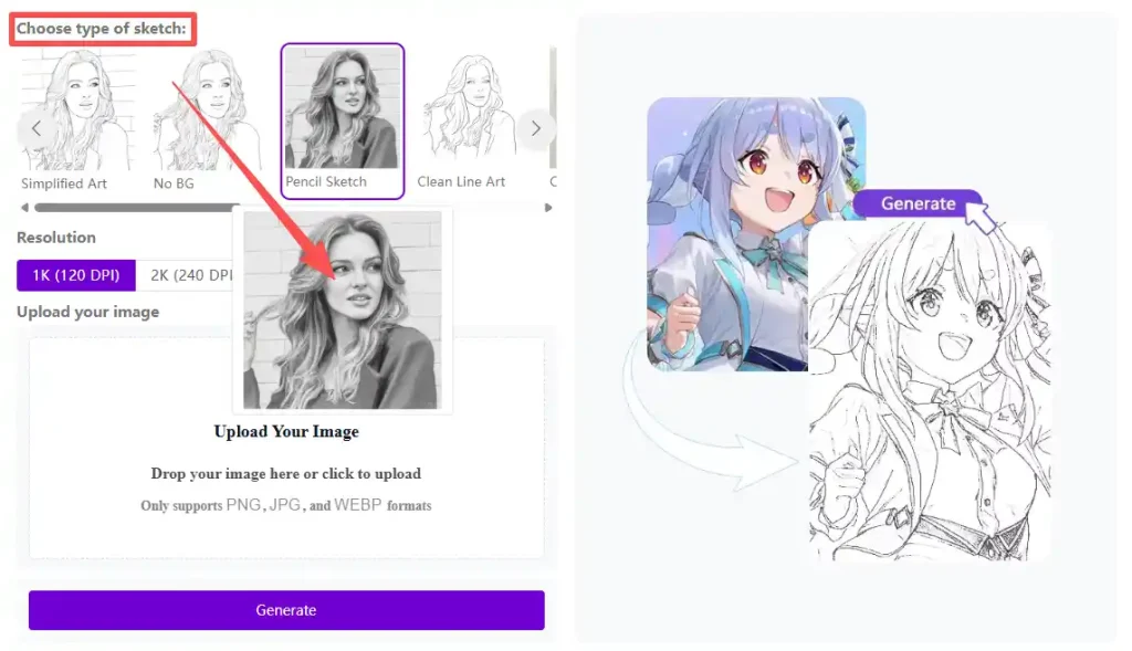 Choose a sketch style in the photo to sketch converter