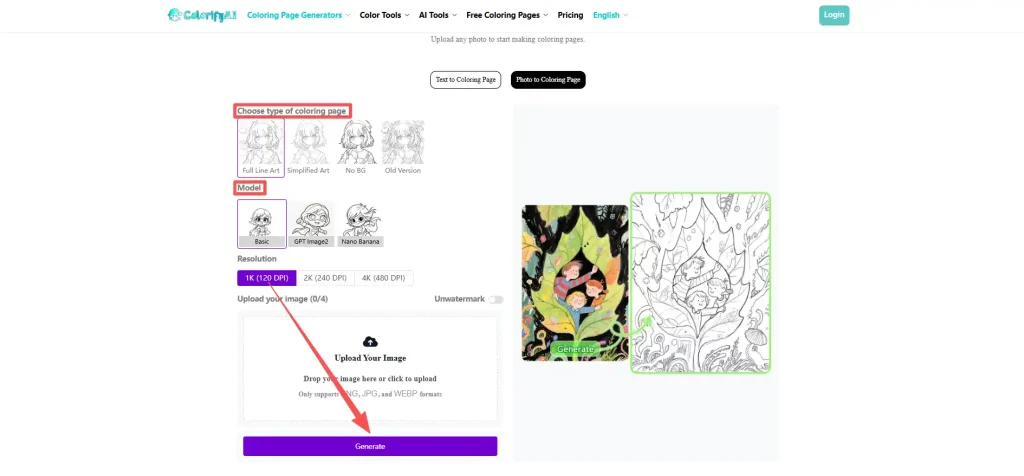 Colorify AI Photo to Coloring Page Workflow