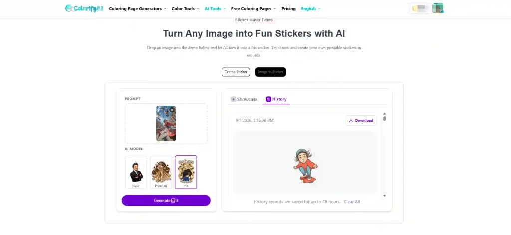 ColorifyAI image to sticker converter interface