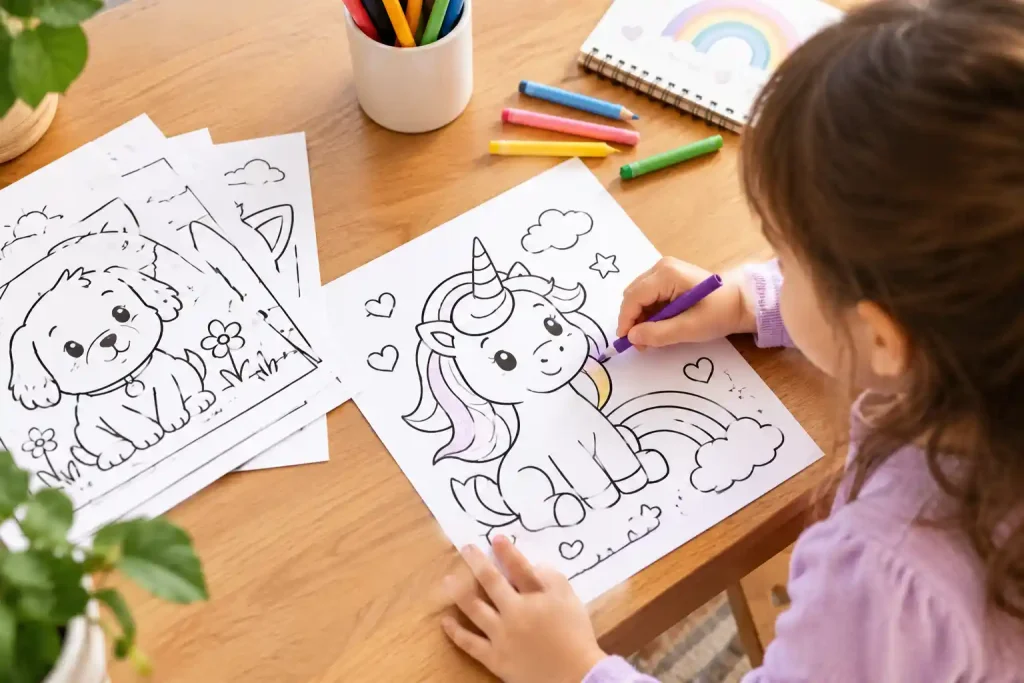 Child Coloring Printable Pages with Crayons