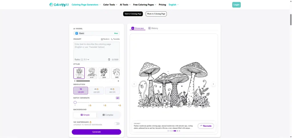 colorifyAI AI coloring page generator playground